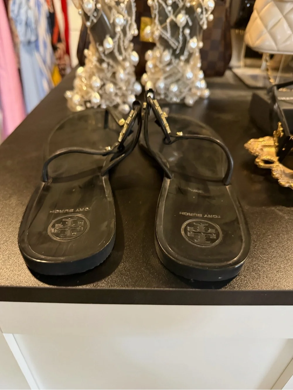Tory Burch Black jelly Sandals with Gold Logo Accent